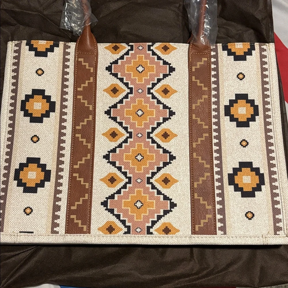 Wrangler Women's Tote with Geometric Design - Cream, Brown, and yellow - Picture 4 of 4